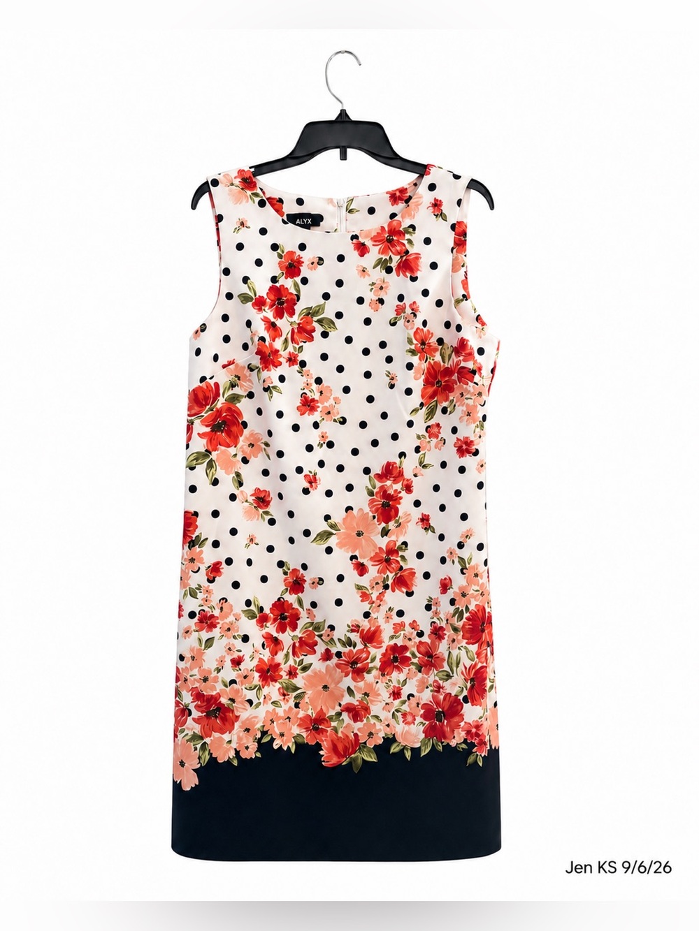ALYX Polka Dot Floral Border Sheath Dress Women’s 14 Black White Coral